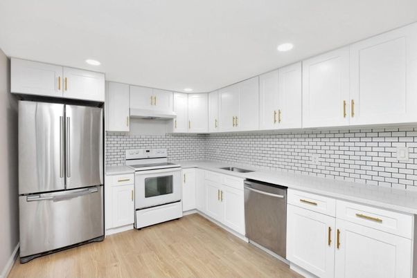 Interior, Kitchen, Recessed Lighting, Stainless Steel Appliances, Wood Texture Flooring