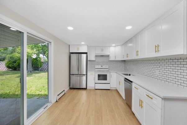 Interior, Kitchen, Recessed Lighting, Stainless Steel Appliances, Wood Texture Flooring