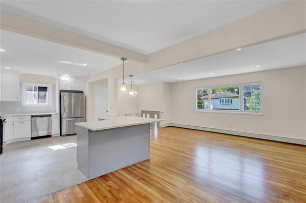 Interior, Kitchen, Pendant Lights, Recessed Lighting, Stainless Steel Appliances, Wood Texture Flooring