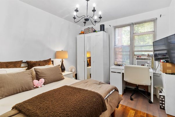 Bedroom, Chandelier, Home Office, Interior, Wood Texture Flooring