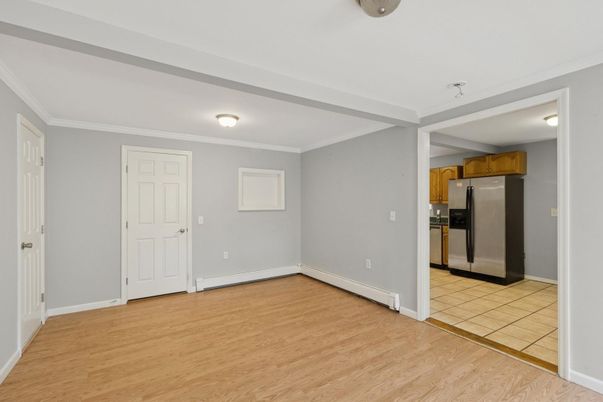 Empty room, Interior, Kitchen, Stainless Steel Appliances, Wood Texture Flooring