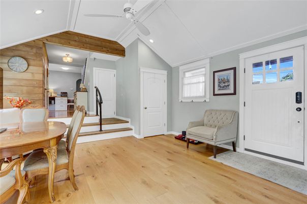 Dining room, Interior, Recessed Lighting, Wooden Beams, Wood Texture Flooring