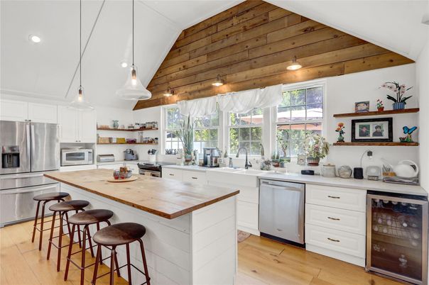 Interior, Kitchen, Pendant Lights, Recessed Lighting, Stainless Steel Appliances, Wooden Ceilings, Wood Texture Flooring