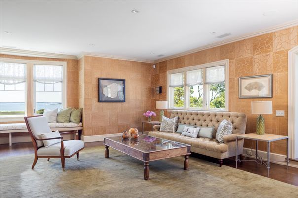 Interior, Living room, Recessed Lighting, Water, Wood Texture Flooring, Wooden Walls