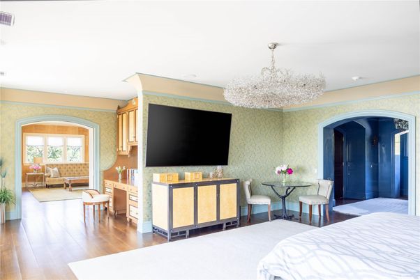 Bedroom, Chandelier, Interior, Wood Texture Flooring