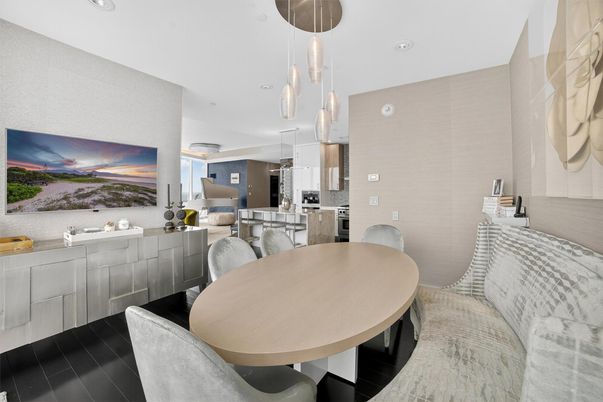 Dining room, Interior, Kitchen, Living room, Pendant Lights, Recessed Lighting, Stainless Steel Appliances, Wood Texture Flooring