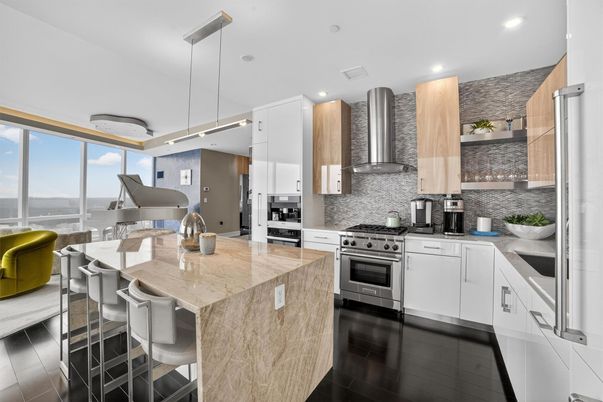 Interior, Kitchen, Pendant Lights, Recessed Lighting, Stainless Steel Appliances, Water, Wood Texture Flooring