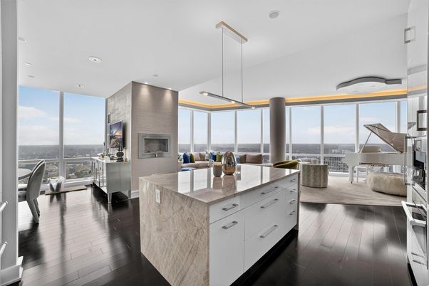 Fireplace, Interior, Kitchen, Pendant Lights, Piano, Recessed Lighting, Water, Wood Texture Flooring
