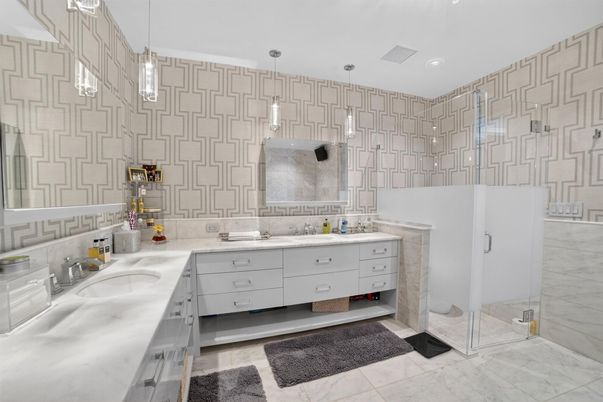 Bathroom, Dual Sink Vanities, Glass Shower, Interior, Pendant Lights, Recessed Lighting