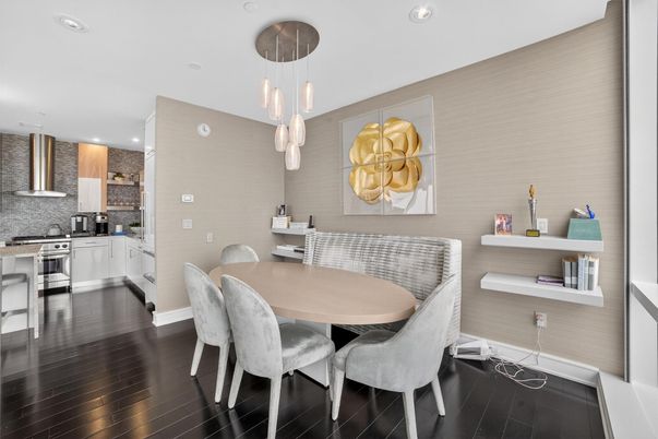 Dining room, Interior, Kitchen, Pendant Lights, Recessed Lighting, Stainless Steel Appliances, Wood Texture Flooring