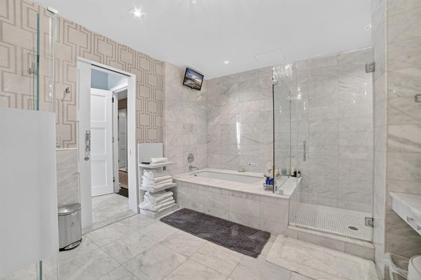 Bathroom, Glass Shower, Interior, Marble, Marble Walls, Recessed Lighting