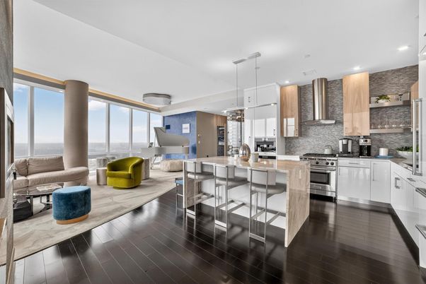 Interior, Kitchen, Living room, Pendant Lights, Recessed Lighting, Stainless Steel Appliances, Water, Wood Texture Flooring