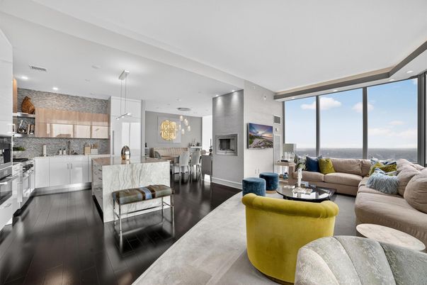 Dining room, Interior, Kitchen, Living room, Pendant Lights, Recessed Lighting, Stainless Steel Appliances, Water, Wood Texture Flooring