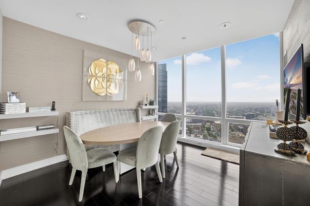Dining room, Interior, Pendant Lights, Recessed Lighting, Wood Texture Flooring