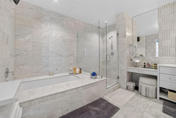 Bathroom, Glass Shower, Interior, Marble Walls, Recessed Lighting