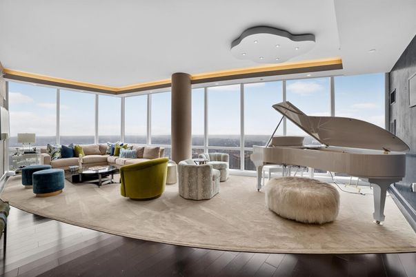 Interior, Living room, Piano, Recessed Lighting, Water, Wood Texture Flooring