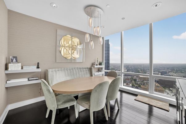 Dining room, Interior, Pendant Lights, Recessed Lighting, Wood Texture Flooring