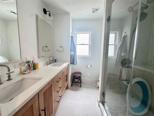 Bathroom, Dual Sink Vanities, Glass Shower, Interior, Recessed Lighting