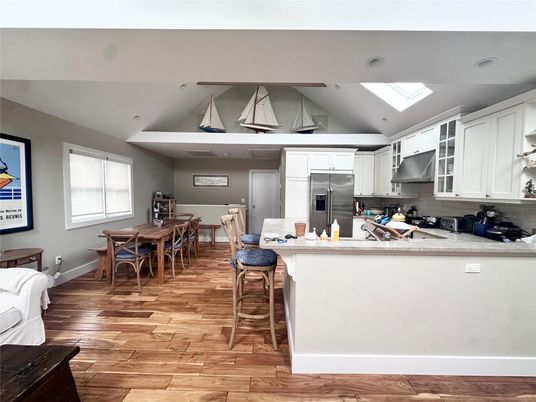 Dining room, Interior, Kitchen, Recessed Lighting, Stainless Steel Appliances, Wood Texture Flooring