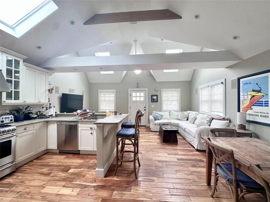 Interior, Kitchen, Living room, Recessed Lighting, Stainless Steel Appliances, Wood Texture Flooring