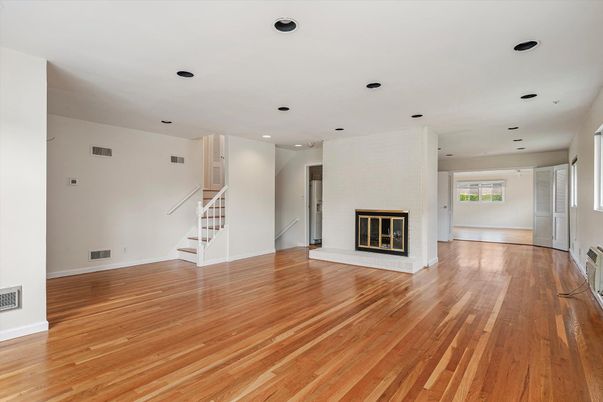Empty room, Fireplace, Interior, Recessed Lighting, Wood Texture Flooring