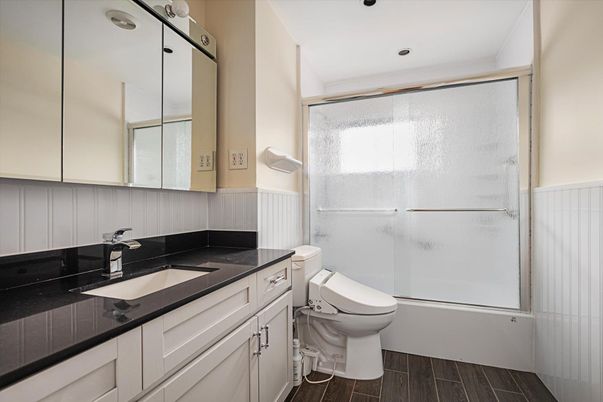 Bathroom, Glass Shower, Interior, Recessed Lighting, Wood Texture Flooring