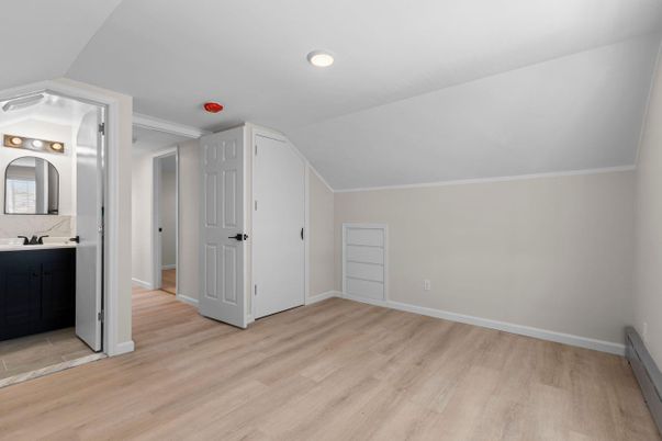 Bathroom, Empty room, Interior, Recessed Lighting, Wood Texture Flooring