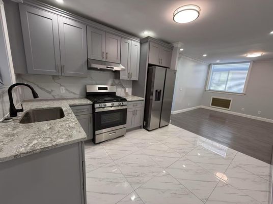 Interior, Kitchen, Marble, Recessed Lighting, Stainless Steel Appliances, Wood Texture Flooring