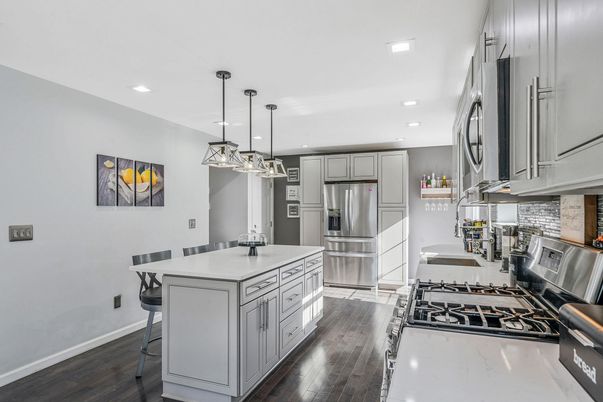 Interior, Kitchen, Pendant Lights, Recessed Lighting, Stainless Steel Appliances, Wood Texture Flooring