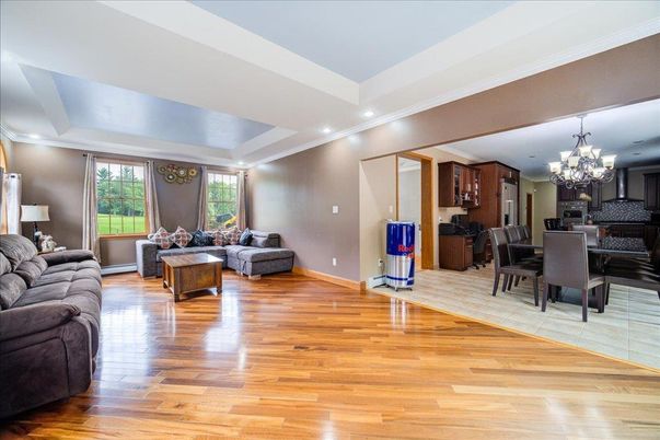 Chandelier, Dining room, Interior, Kitchen, Living room, Recessed Lighting, Wood Texture Flooring