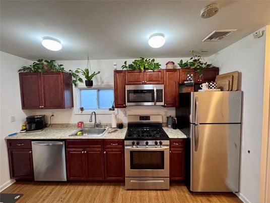 Interior, Kitchen, Stainless Steel Appliances, Wood Texture Flooring