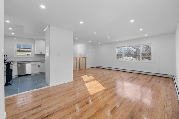Empty room, Interior, Kitchen, Recessed Lighting, Wood Texture Flooring