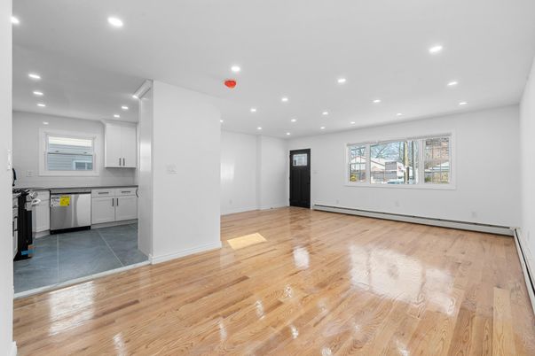 Empty room, Interior, Kitchen, Recessed Lighting, Wood Texture Flooring