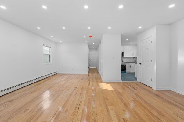 Empty room, Interior, Kitchen, Recessed Lighting, Wood Texture Flooring