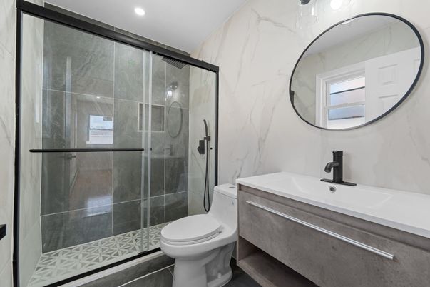 Bathroom, Glass Shower, Interior, Marble Walls, Recessed Lighting