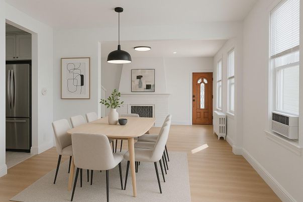 Dining room, Fireplace, Interior, Pendant Lights, Recessed Lighting, Wood Texture Flooring