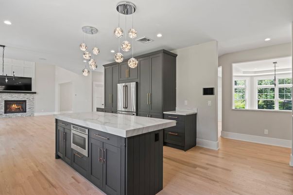 Fireplace, Interior, Kitchen, Pendant Lights, Recessed Lighting, Wood Texture Flooring