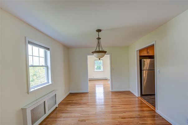 Empty room, Interior, Pendant Lights, Stainless Steel Appliances, Wood Texture Flooring