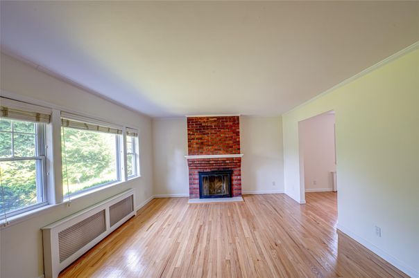 Empty room, Fireplace, Interior, Stone Walls, Wood Texture Flooring