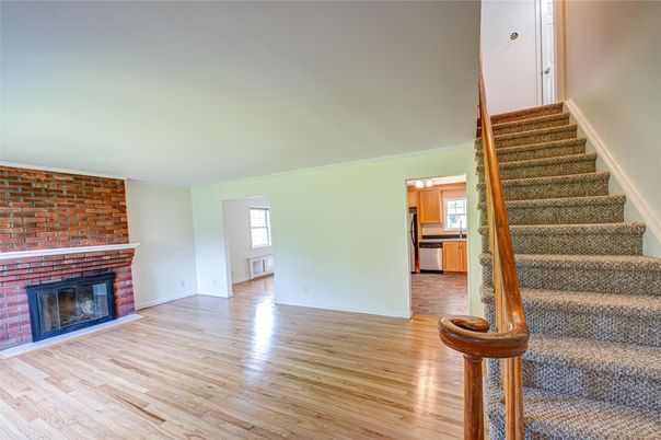 Empty room, Fireplace, Interior, Kitchen, Stone Walls, Wood Texture Flooring