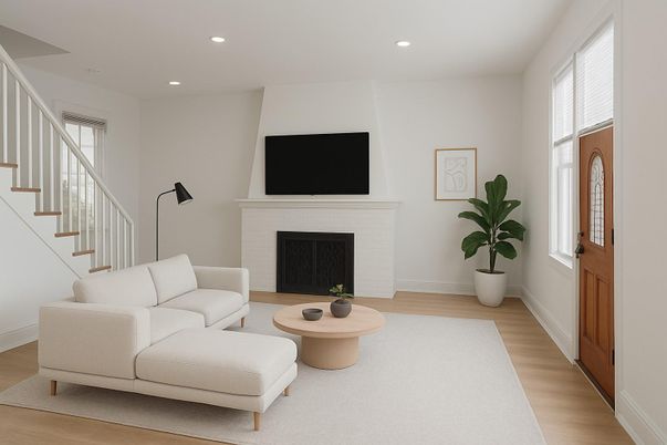 Fireplace, Interior, Living room, Recessed Lighting, Wood Texture Flooring