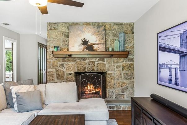Fireplace, Interior, Living room, Stone Walls, Wood Texture Flooring