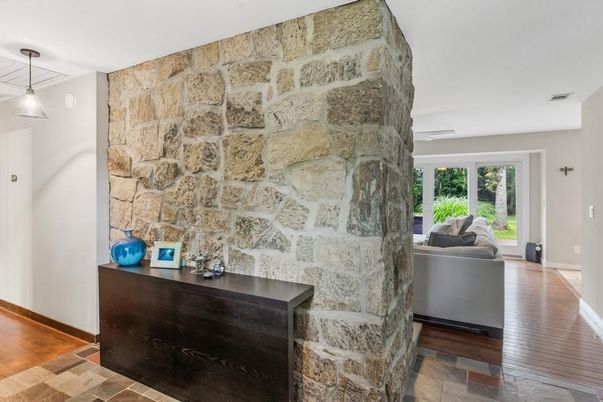 Interior, Pendant Lights, Stone Walls, Wood Texture Flooring
