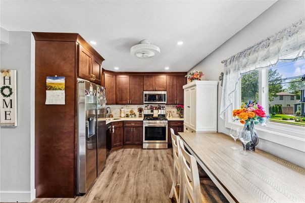 Interior, Kitchen, Recessed Lighting, Stainless Steel Appliances, Wood Texture Flooring
