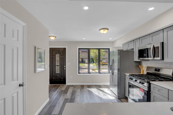 Interior, Kitchen, Recessed Lighting, Stainless Steel Appliances, Wood Texture Flooring