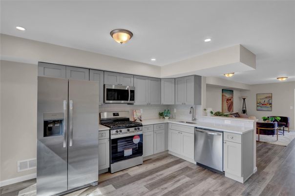 Interior, Kitchen, Recessed Lighting, Stainless Steel Appliances, Wood Texture Flooring