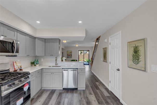 Interior, Kitchen, Recessed Lighting, Stainless Steel Appliances, Wood Texture Flooring