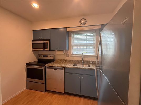 Interior, Kitchen, Recessed Lighting, Wood Texture Flooring