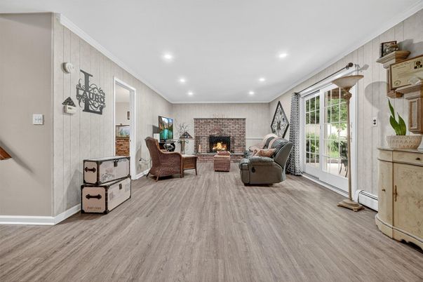 Fireplace, Interior, Living room, Recessed Lighting, Wood Texture Flooring