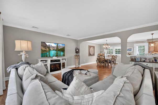 Chandelier, Dining room, Fireplace, Interior, Living room, Wood Texture Flooring